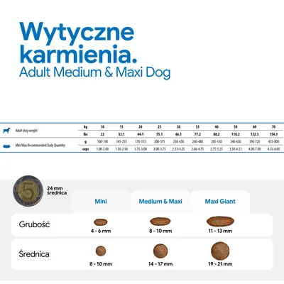 Zalecenia żywieniowe dla dorosłych psów ras średnich i dużych: dzienna ilość według masy ciała w g i kubkach, przegląd wielkości i grubości krokietów dla Mini, Medium i Maxi, Maxi Giant. Zalecenia żywieniowe dla dorosłych psów ras średnich i dużych: dzienna ilość według masy ciała w g i kubkach, przegląd wielkości i grubości krokietów dla Mini, Medium i Maxi, Maxi Giant.
