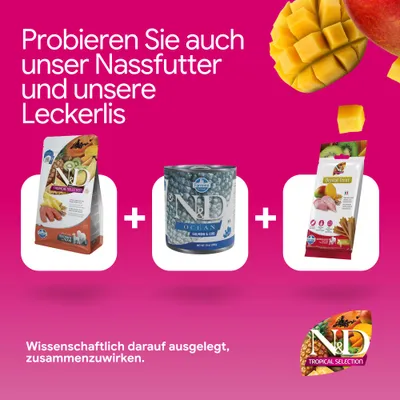 ND Tropical Selection Trockenfutter, ND Ocean Nassfutter und Dental Treat Leckerli. Wissenschaftlich darauf ausgelegt, zusammenzuwirken.