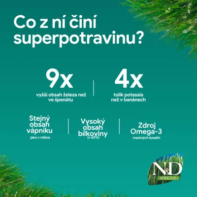 N&D Spirulina: 9x viac železa ako špenát, 4x viac draslíka ako banány, rovnako veľa vápnika ako mlieko, vysoký obsah bielkovín (cca 60 %), zdroj omega-3 mastných kyselín. N&D Spirulina: 9x viac železa ako špenát, 4x viac draslíka ako banány, rovnako veľa vápnika ako mlieko, vysoký obsah bielkovín (cca 60 %), zdroj omega-3 mastných kyselín.