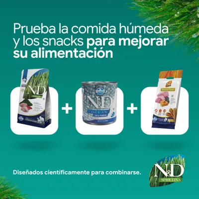N&D Espirulina pienso, N&D Ocean comida húmeda y N&D Dental Treats. Desarrollados para combinarse y ofrecer una mejor nutrición. N&D Espirulina pienso, N&D Ocean comida húmeda y N&D Dental Treats. Desarrollados para combinarse y ofrecer una mejor nutrición.