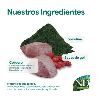 Ingredientes: carne de cordero de Nueva Zelanda, espirulina y bayas de goji. Proteínas de alta calidad para una alimentación equilibrada para mascotas. Marca: N&D Spirulina. Ingredientes: carne de cordero de Nueva Zelanda, espirulina y bayas de goji. Proteínas de alta calidad para una alimentación equilibrada para mascotas. Marca: N&D Spirulina.