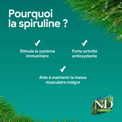 Pourquoi la spiruline ? Renforce le système immunitaire, forte activité antioxydante, aide à maintenir la masse musculaire maigre. N&D Spiruline.