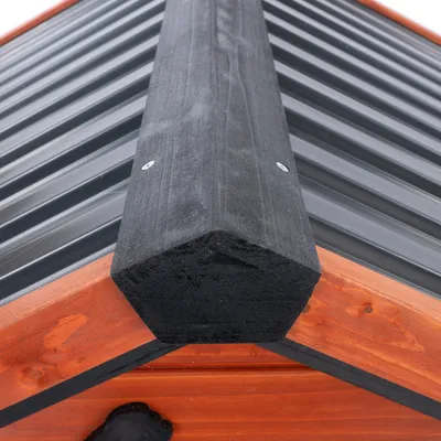 Detailný pohľad na čierny hrebeň zo dreva a kovu na červeno-hnedom psej búde.