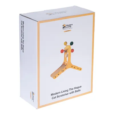 Emballage du griffoir pour chat Modern Living The Hague avec balles. Texte visible : Modern Living The Hague Cat Scratcher with Balls. Image du produit sur la boîte.