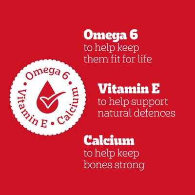 Omega 6, vitamin E and calcium are highlighted. Omega 6 for fitness, vitamin E to support the immune system, calcium for strong bones.