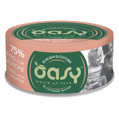 Oasy tonno con salmone, 75%, in acqua di cottura. Confezione mostra il marchio Oasy e un'immagine di bambino.