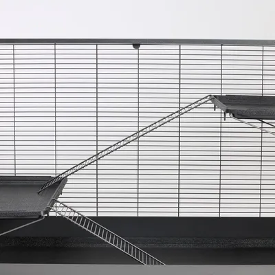 Gabbia con pareti a griglia metallica, due livelli e rampe in metallo per piccoli animali.