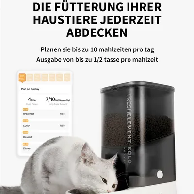 Automatischer Futterspender Fresh Element Solo. Bis zu 10 Mahlzeiten pro Tag, Ausgabe bis 1/2 Tasse pro Mahlzeit. Beispielplan: Frühstück 7:30, Mittagessen 12:30, Dessert 16:00, Abendessen 20:00.