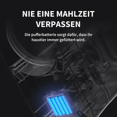 Nie eine Mahlzeit verpassen. Die Pufferbatterie sorgt dafür, dass Ihr Haustier immer gefüttert wird.