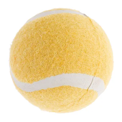 Gul tennisbold med hvid stribe, egnet til leg og træning.