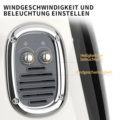 Bedienfeld zur Einstellung von Windgeschwindigkeit und Beleuchtung. Zwei Drehregler mit Symbolen für Helligkeit und Geschwindigkeit, beschriftet als 'Helligkeit der Beleuchtung' und 'Windgeschwindigkeit'.