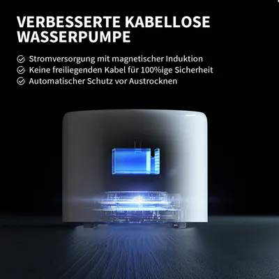 Verbesserte kabellose Wasserpumpe mit Stromversorgung durch magnetische Induktion, keine freiliegenden Kabel für 100%ige Sicherheit und automatischer Schutz vor Austrocknen.