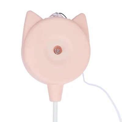 Pink toy in cat head shape with metal connector and white cable, suitable for interactive play.