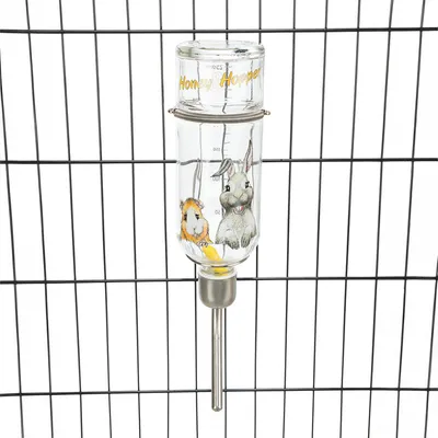 Honey Hopper glass drinking bottle with metal spout, suitable for small animals such as rabbits and guinea pigs. Capacity with scale up to 100 ml.