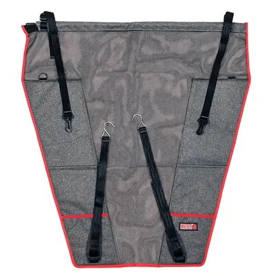 KONG autostoelhoes van grijze stof met rode accenten, verstelbare riemen en haken voor bevestiging.