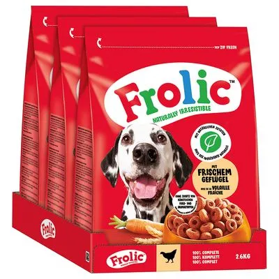 Frolic hondenvoer, 2,6 kg verpakking met afbeelding van Dalmatier, wortel en kip. Tekst: 'Mit frischem Geflügel', '100% komplett', 'Naturally Irresistible'.