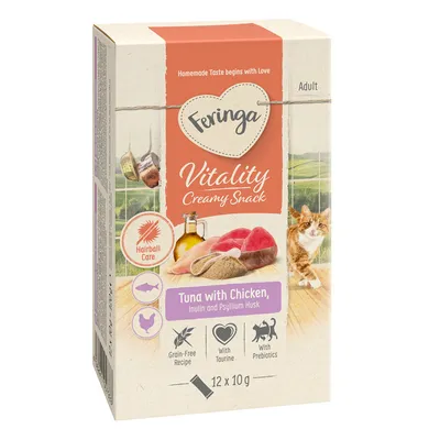 Feringa Vitality Creamy Snack für Erwachsene, Thunfisch mit Huhn, Inulin und Flohsamenschalen. Getreidefrei, mit Taurin, mit Präbiotika, Haarballenpflege. Packung enthält 12 x 10g.