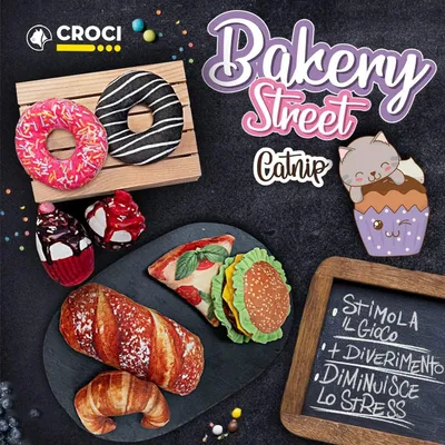 Croci Bakery Street Catnip. Katzenspielzeug in Form von Gebäck und Snacks. Fördert Spiel, Spass und reduziert Stress laut Tafeltext.