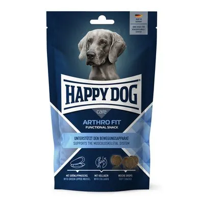Happy Dog Arthro Fit Functional Snack, ondersteunt het bewegingsapparaat, met groenlipmossel, collageen en zachte drops. Tekst in Duits en Engels zichtbaar op verpakking.