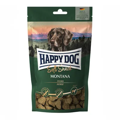 Sachet de friandises Happy Dog Soft Snack Montana, cheval. Texte visible : Made in Germany, sans conservateurs ajoutés, sans céréales, sans sucre ajouté. Illustration de chien.