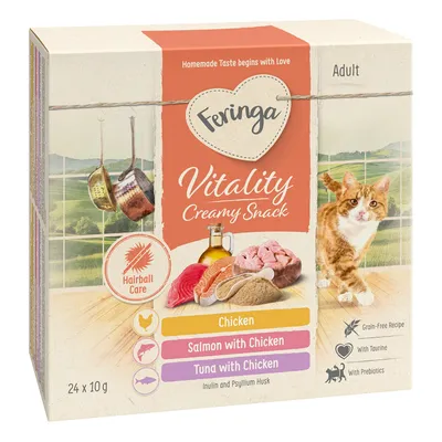 Feringa Vitality krémes snack felnőtt macskáknak. Ízek: csirke, lazac csirkével, tonhal csirkével. Gabonamentes recept, taurinnal és prebiotikummal. Szőrlabdaápolás tartalmazva.