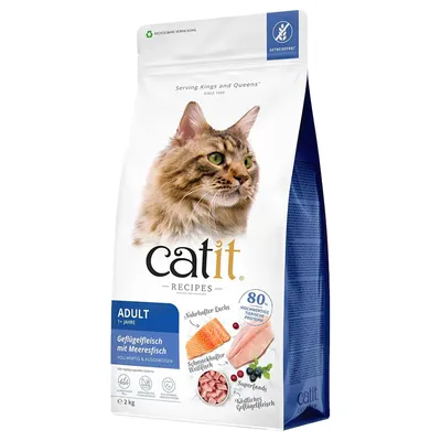Catit Recipes Adulto 1+ años, carne de ave con pescado marino, completo y equilibrado, 80% proteínas animales de alta calidad, superalimentos, ingredientes naturales, envase reciclable.