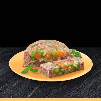 Fleisch-Gemüse-Terrine mit Erbsen, Karotten und Kräutern auf gelbem Teller. Sichtbare Zutaten in Gelee eingeschlossen.
