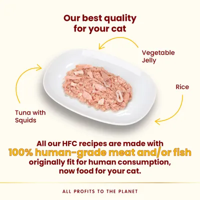 Tuna with squids, vegetable jelly and rice on a plate. Text: Our best quality for your cat. 100% human-grade meat and/or fish, originally fit for human consumption, now food for your cat.