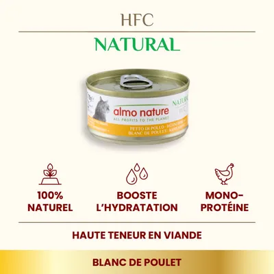 almo nature HFC Natural, blanc de poulet, 100 % naturel, booste l’hydratation, mono-protéine, haute teneur en viande. Texte en anglais et italien également visible.