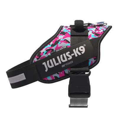 Julius-K9 IDC Power Hundegeschirr mit pink-blauem Camouflage-Muster und reflektierenden Elementen.