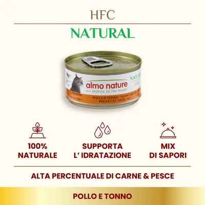 almo nature HFC Natural, lattina di cibo per gatti pollo e tonno. Testi visibili: 100% naturale, supporta l’idratazione, mix di sapori, alta percentuale di carne & pesce, pollo e tonno.