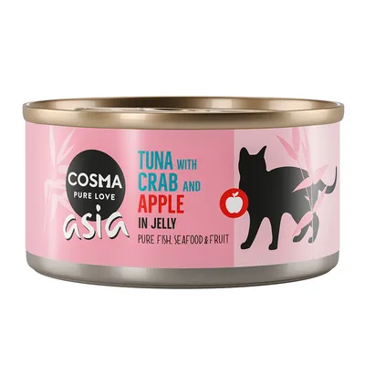 Boîte Cosma Pure Love Asia, texte visible : Tuna with crab and apple in jelly, pure fish, seafood & fruit. Silhouette de chat et pomme dessinée sur l’étiquette.