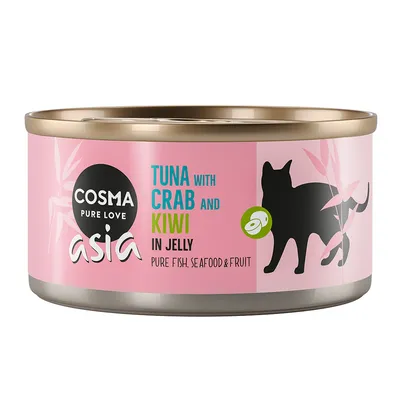 Boîte Cosma Pure Love Asia, texte visible : Tuna with crab and kiwi in jelly, pure fish, seafood & fruit. Illustration de chat noir et kiwi sur fond rose.