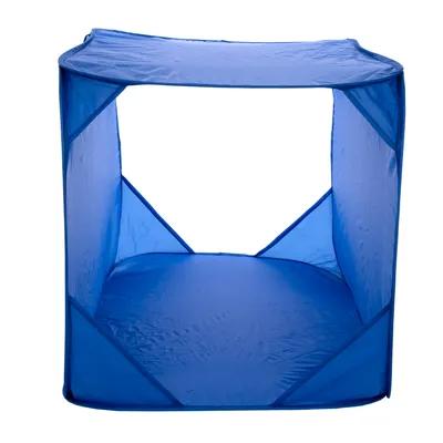 Blue foldable fabric enclosure with open roof and rectangular shape, suitable for pets or small animals.