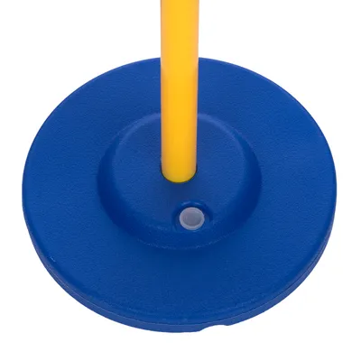 Blue round base with yellow rod, suitable for toys or accessories. Close-up view of the attachment point.