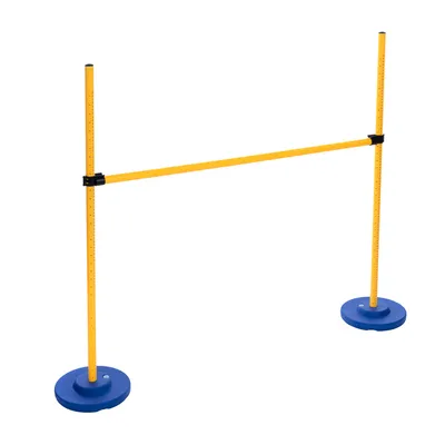 Yellow obstacle set with height-adjustable bar and blue bases, suitable for training purposes.