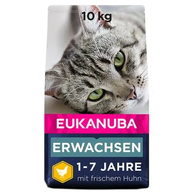 EUKANUBA ERWACHSEN kattenvoer, 10 kg, 1–7 JAHRE, mit frischem Huhn. Verpakking toont afbeelding van een kat.