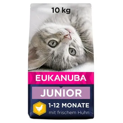 EUKANUBA JUNIOR kattenvoer, 10 kg, 1-12 MONATE, mit frischem Huhn. Tekst deels in het Duits zichtbaar op de verpakking.