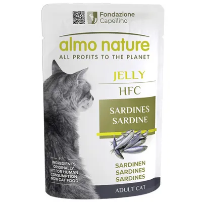 almo nature Jelly HFC Sardines, mokra hrana za odrasle mačke. Na embalaži slika mačke in sardel, besedilo: 'HFC ingredients originally fit for human consumption, now cat food'.