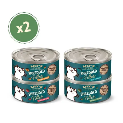 Four tins of Lily's Kitchen Shredded Fillets in Simply Chicken, Chicken & Ham, Tuna & Salmon, and Chicken & Mussel flavours, with a green circle showing x2.