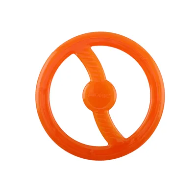 BIONIC orange plastic ring with two bars, suitable as a toy or throwing object.