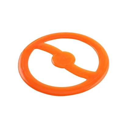 Orange throwing ring made of plastic with central grip area, suitable for interactive play.