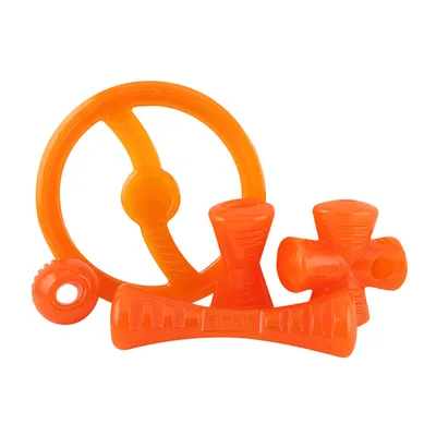 Bionic toy set made of orange plastic, consisting of a ring, bone, ball and cross. Suitable for robust play.