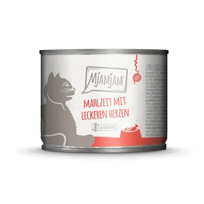 Mjamjam Mahlzeit mit leckeren Herzen, getreidefrei. Abbildung einer Katze und Futterschale auf der Dose.