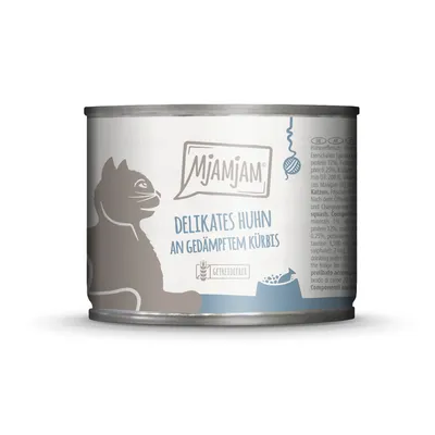 MjAMjAM Delikates Huhn an gedämpftem Kürbis, getreidefrei. Abbildung einer Katze und eines Fischsymbols auf der Dose.