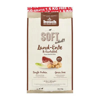 Bosch Soft Adult pato de campo y patata, proteína única, sin cereales, a partir de 1 año, paquete de 11 kg con 1,5 kg gratis.