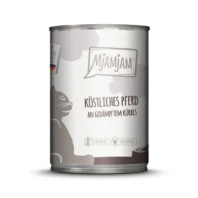 Mjamjam Katzenfutter, Köstliches Pferd an gedämpftem Kürbis. Getreidefrei, viel Fleisch, hergestellt in Deutschland.