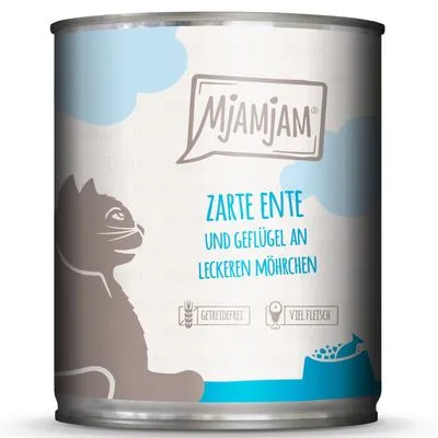 Mjamjam Zarte Ente und Geflügel an leckeren Möhrchen, afbeelding van kat, pictogrammen: graanvrij, veel vlees. Tekst in het Duits.