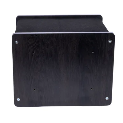 Wooden board with dark wood grain, four screw holes and metal fittings at the corners.