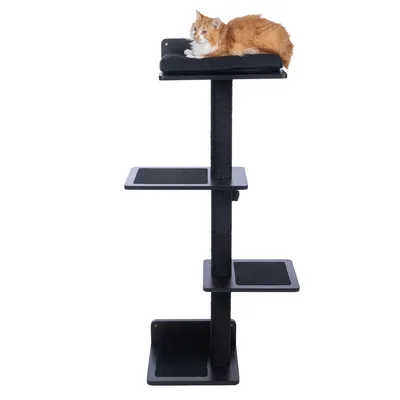Arbre à chat noir avec quatre plateformes carrées en bois et coussins, un chat roux et blanc allongé sur la plateforme supérieure. Griffoir central recouvert de corde.